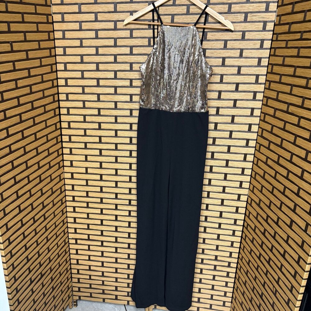 Bebe Black Jumpsuit With Gold Sequins Size 4